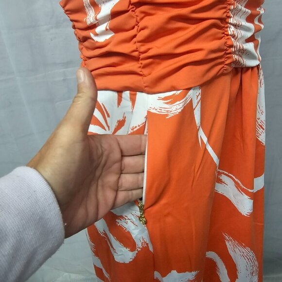 NWT Tracy Negoshian Orange White Tropical Ruched One Shoulder Mini Dress S - Picture 5 of 12